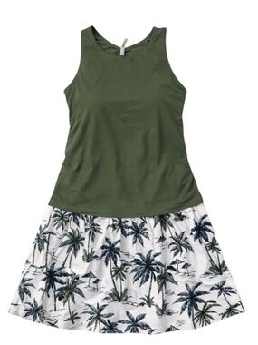 Olive Green Tank Bikini Top with Palm-Print Skirted Bottom